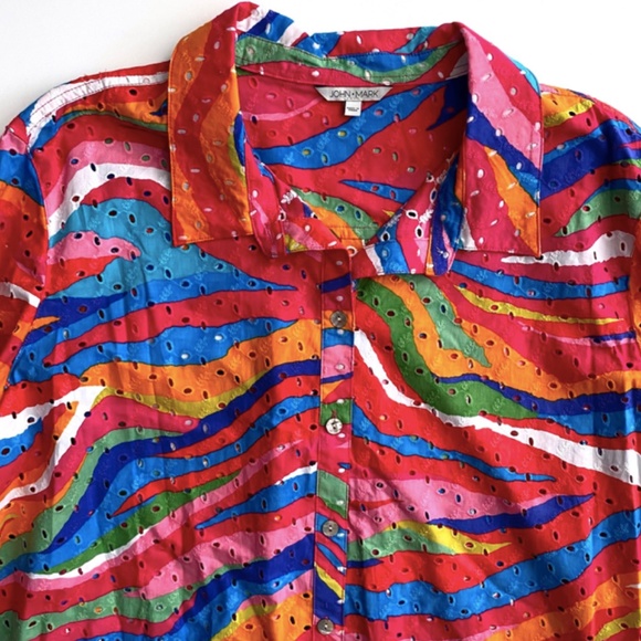 John Mark Top Nwt Watercolor Print Eyelet Button Front Roll Tab Sleeve - Picture 2 of 3